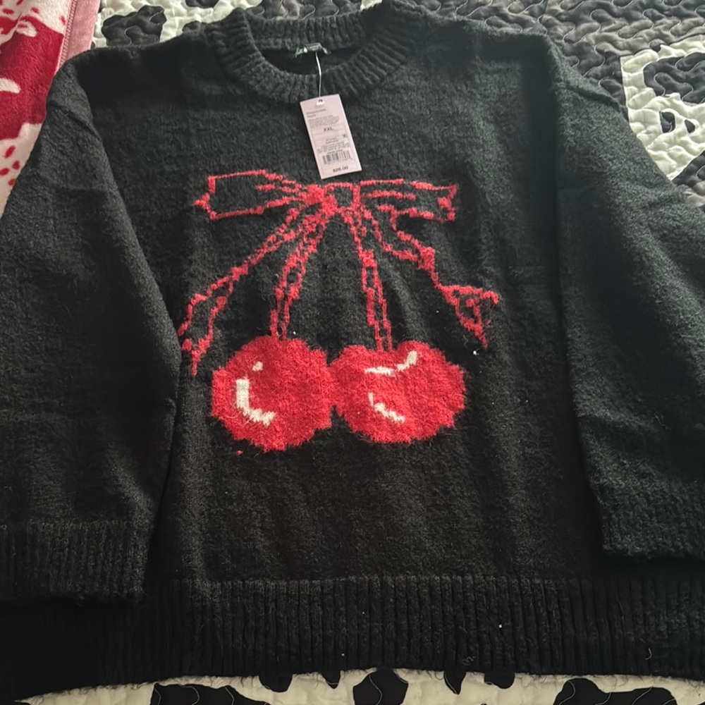 Black Sweater with Red Cherry Design
